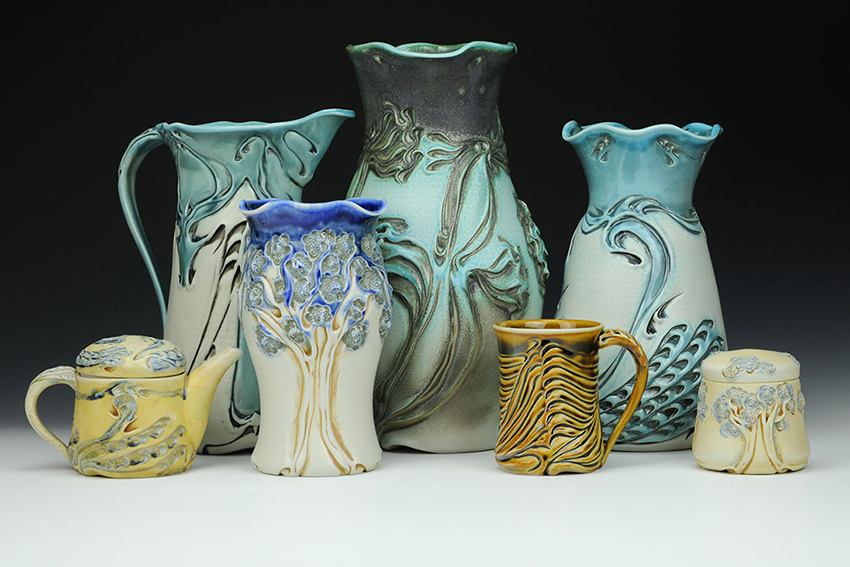 Several pottery pieces by Artist Lora Rust