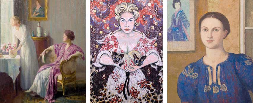 Three paintings of women from the She tells a story exhibition.